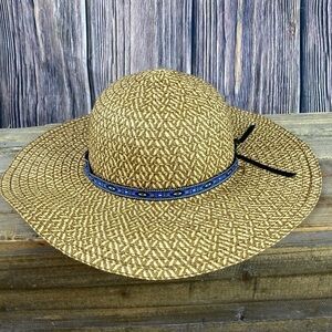 Straw Floppy Hat With Southwest Style Blue Band
